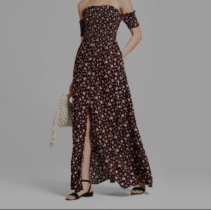 Xhilaration black floral maxi dress with buttons and slit off the shoulder